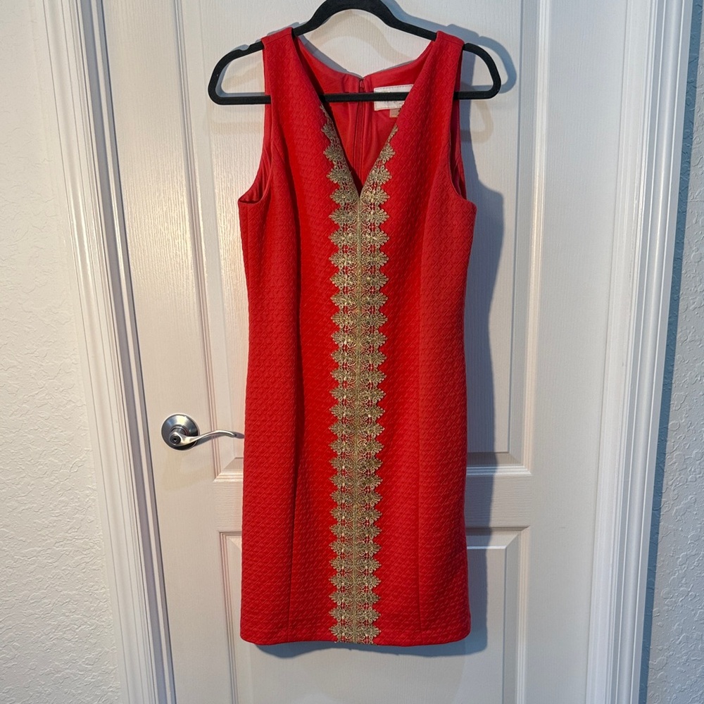 Pappagallo Red/Coral Midi Dress with Gold Detailing V Neck Size 10